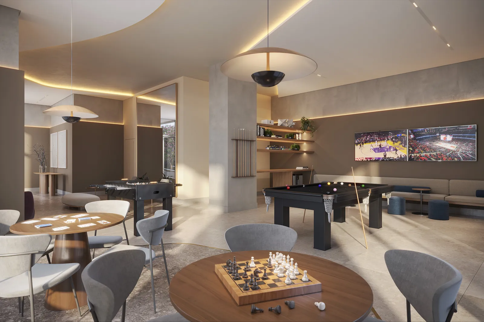 A sala de jogos do Concept, com sinuca e mesas