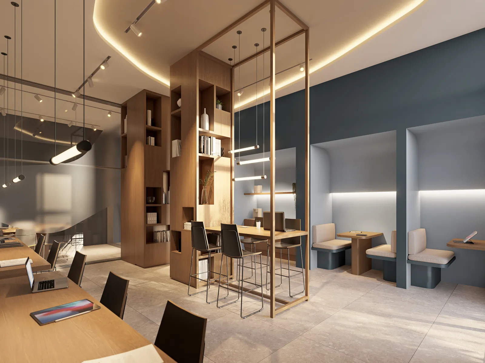 O coworking do Concept, com mesas e cabines
