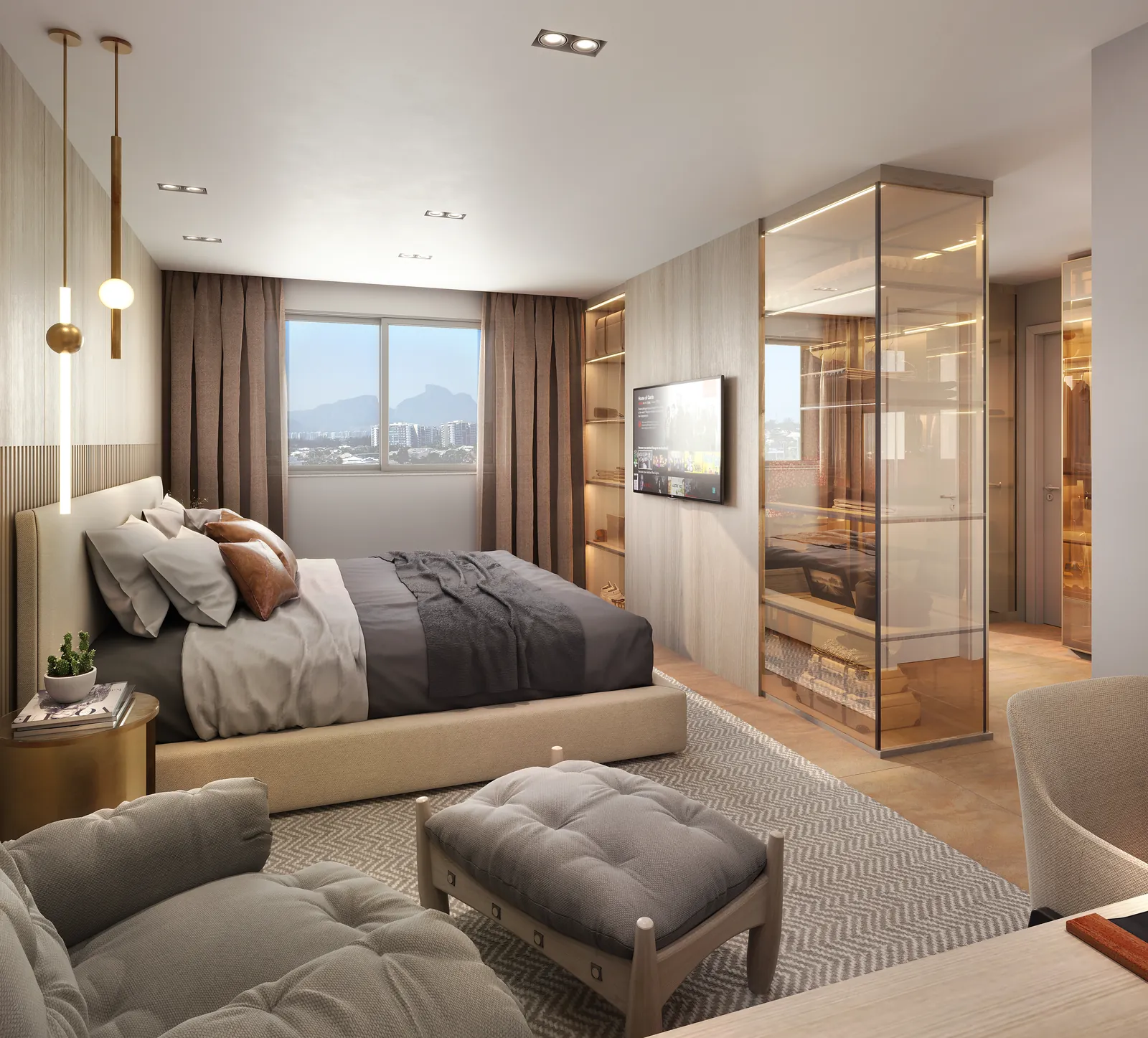Suíte master do Concept com cama de casal e closet