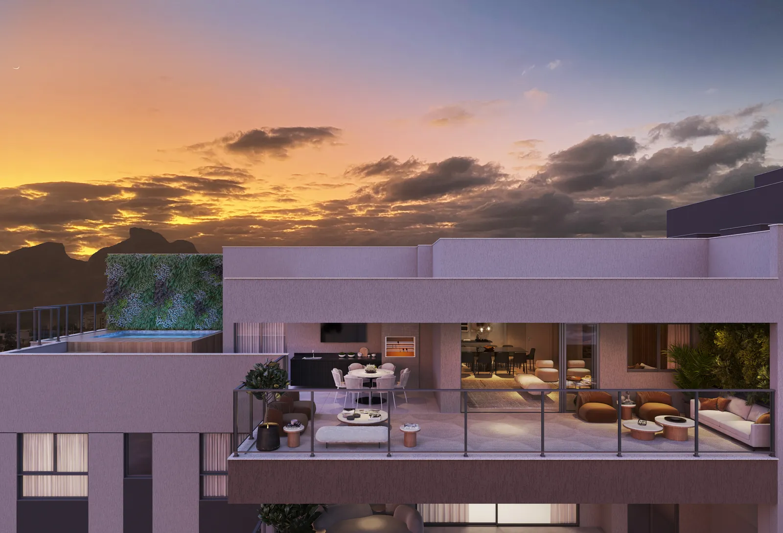 Terraço de uma cobertura do Concept ao pôr do sol