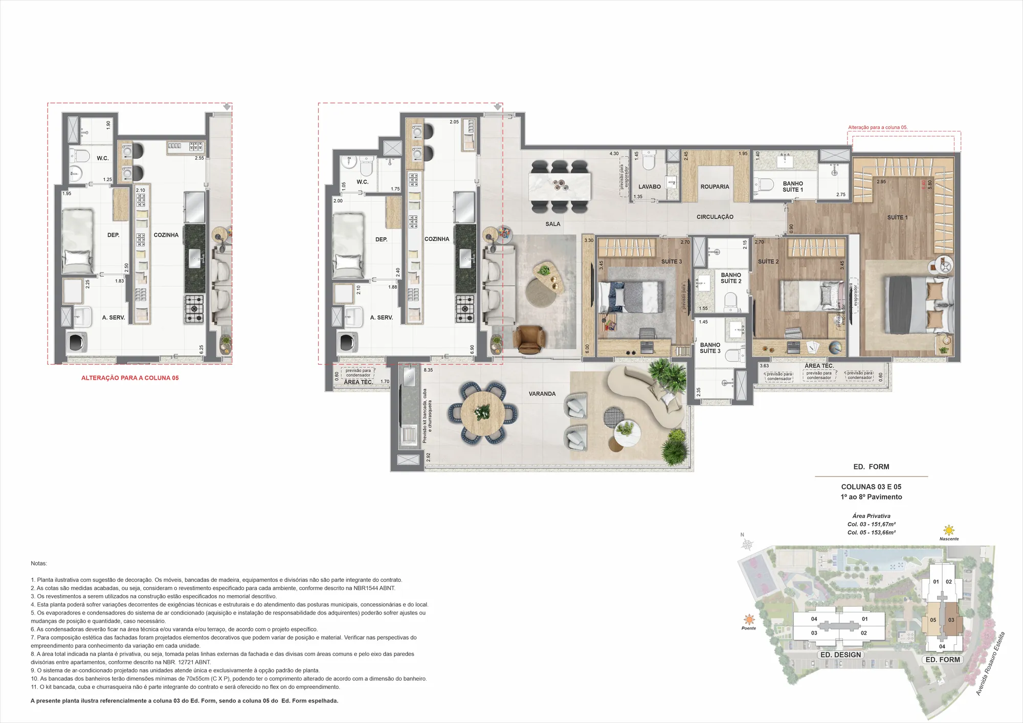 Planta humanizada: 3 suítes de 151 a 155 m² do Concept