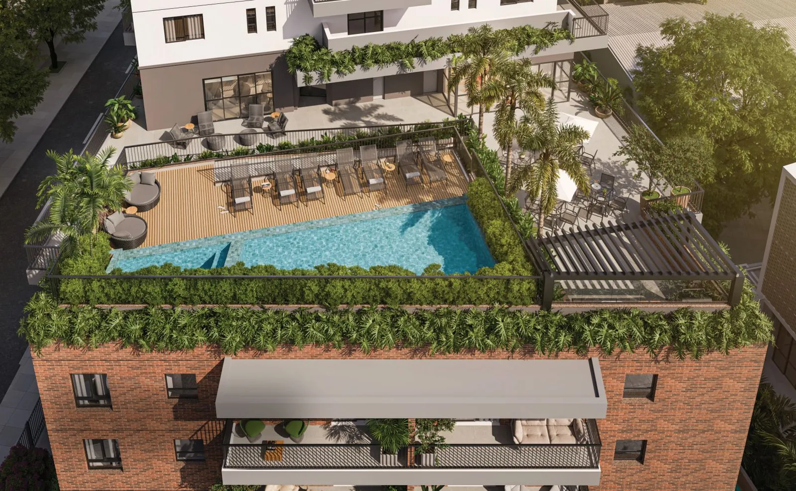 O rooftop do Cores da Tijuca visto do alto, com piscina, deck e jardins