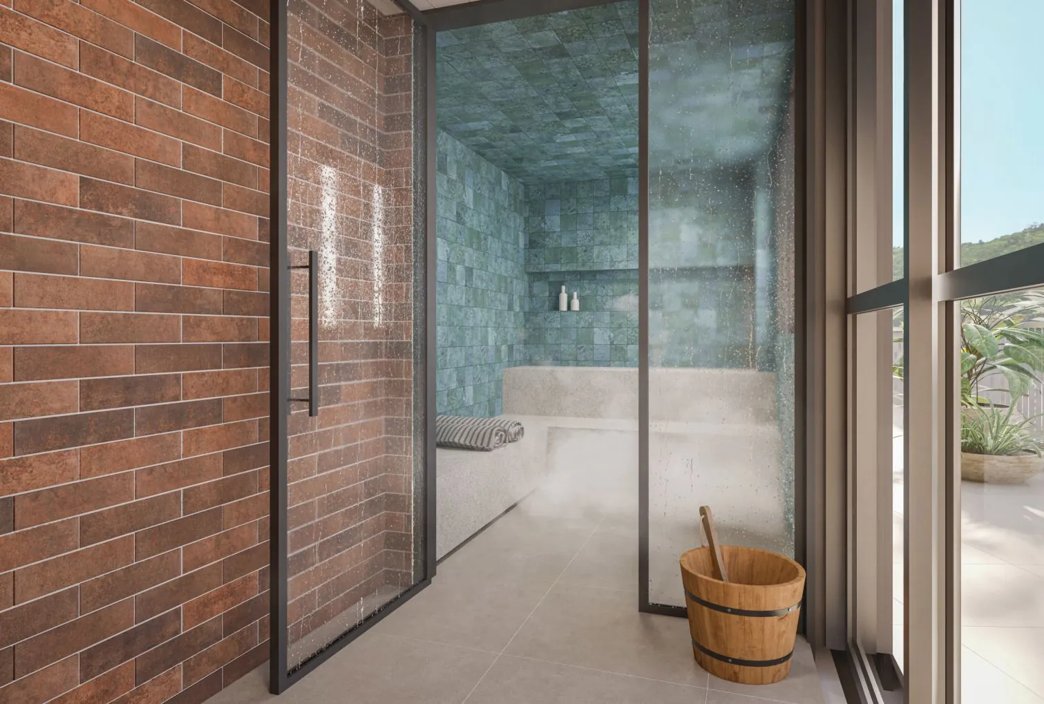 O spa do Cores da Tijuca, com a sauna a vapor de porta de vidro
