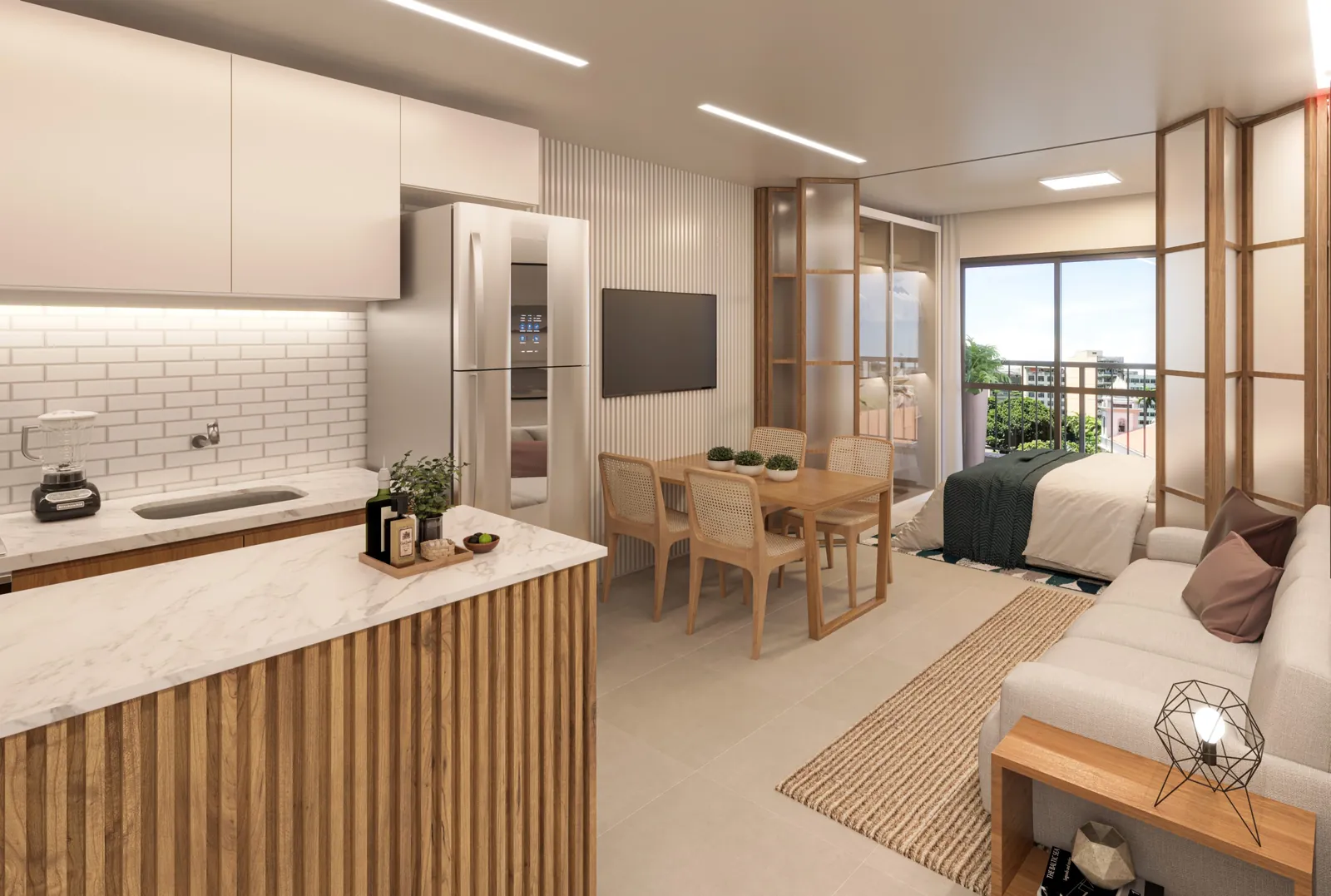 Um studio do Cores da Tijuca com cozinha, estar e cama
