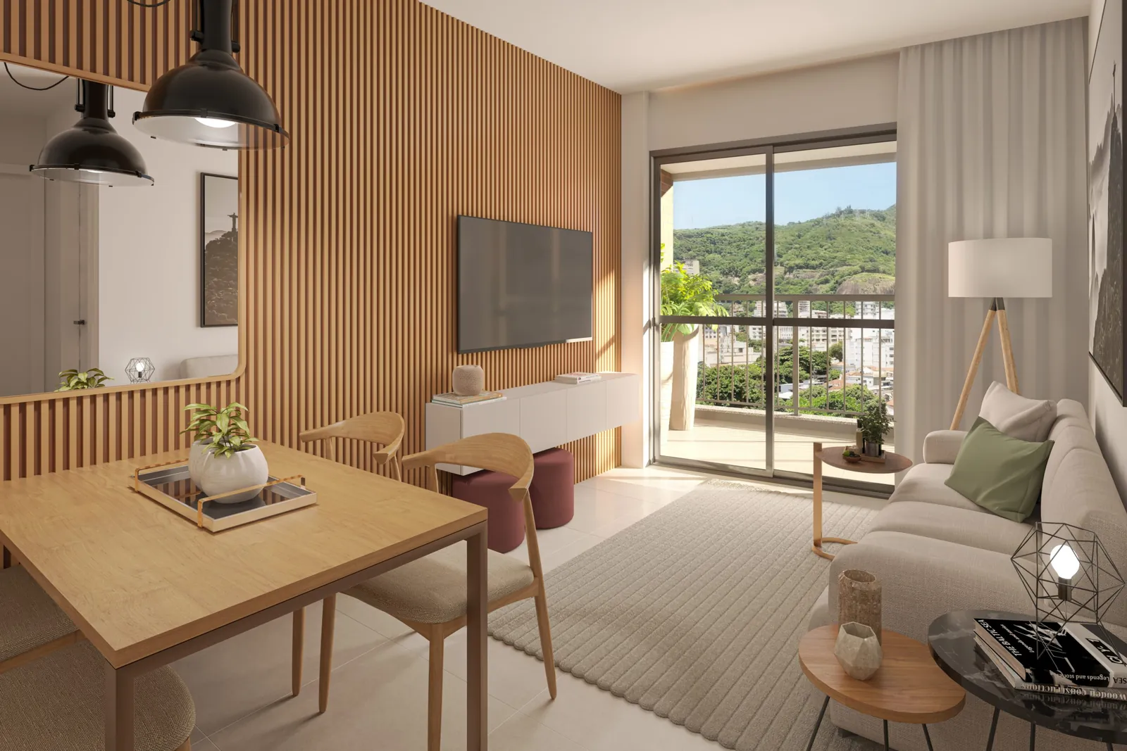 Sala de um apartamento de 1 quarto do Cores da Tijuca, com painel de madeira