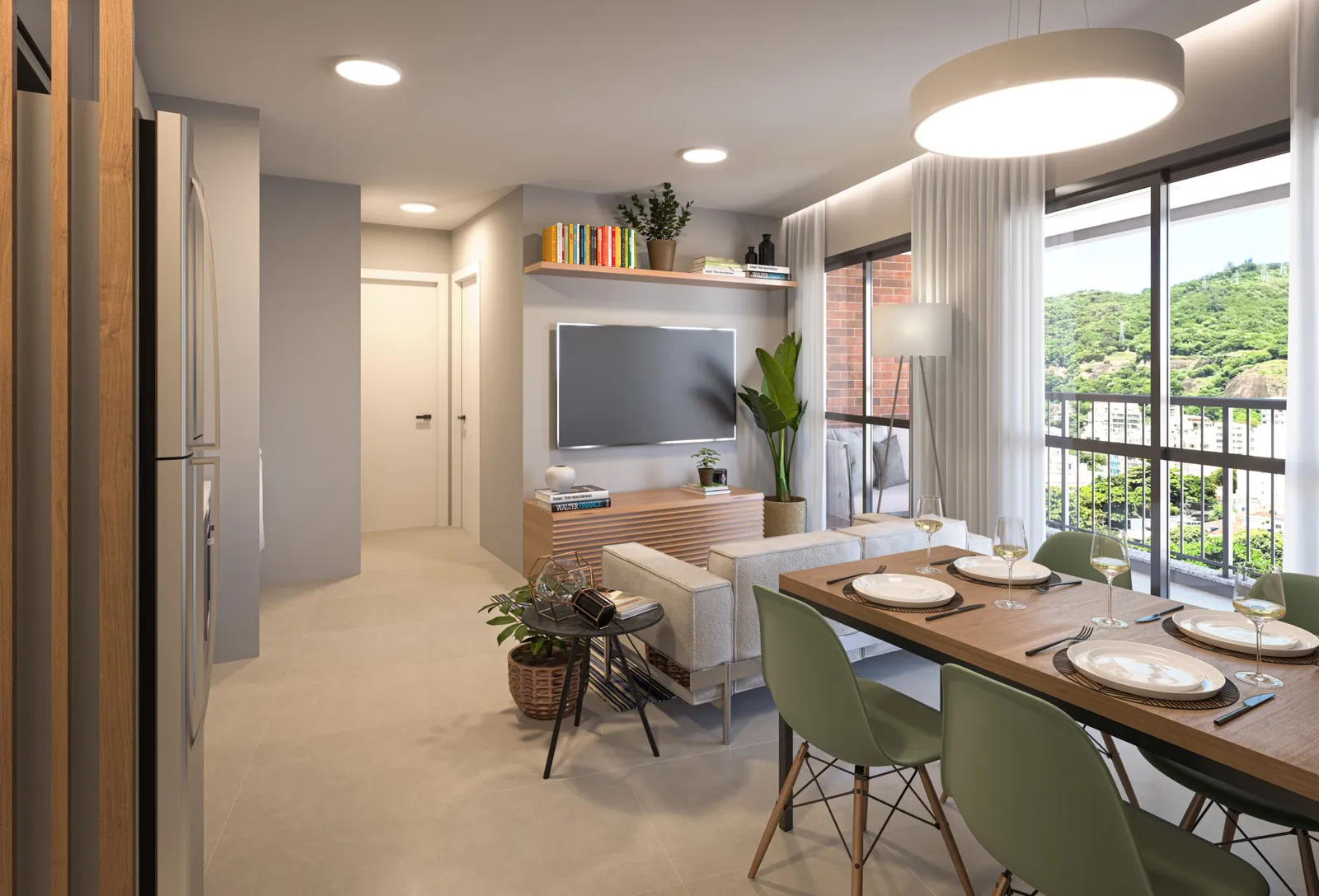 Sala do Cores da Tijuca com mesa de jantar e janela para o verde