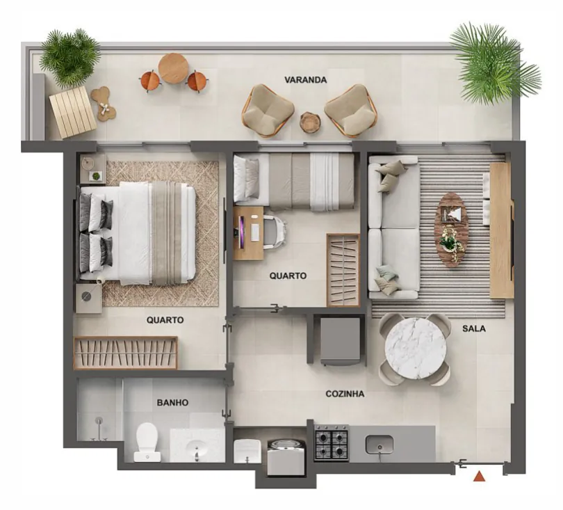 Planta humanizada: 2 quartos de 53 a 59 m² do Cores da Tijuca