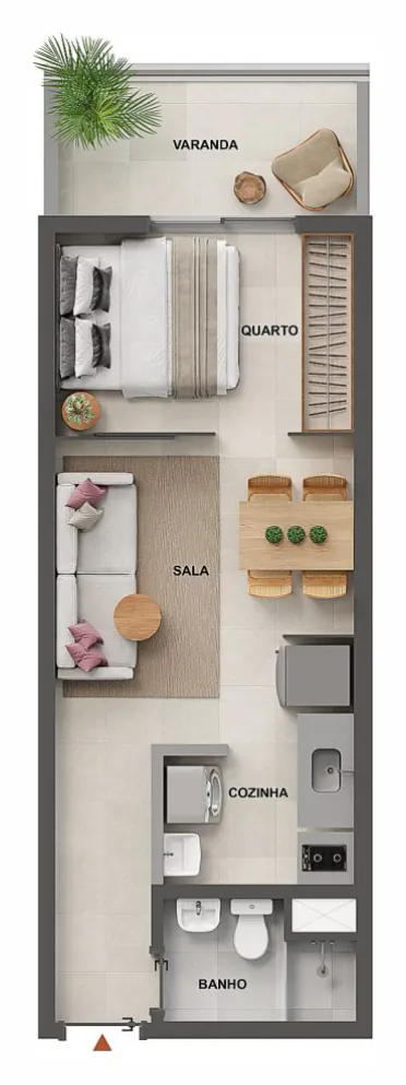 Planta humanizada: studio de 35 e 44 m² do Cores da Tijuca