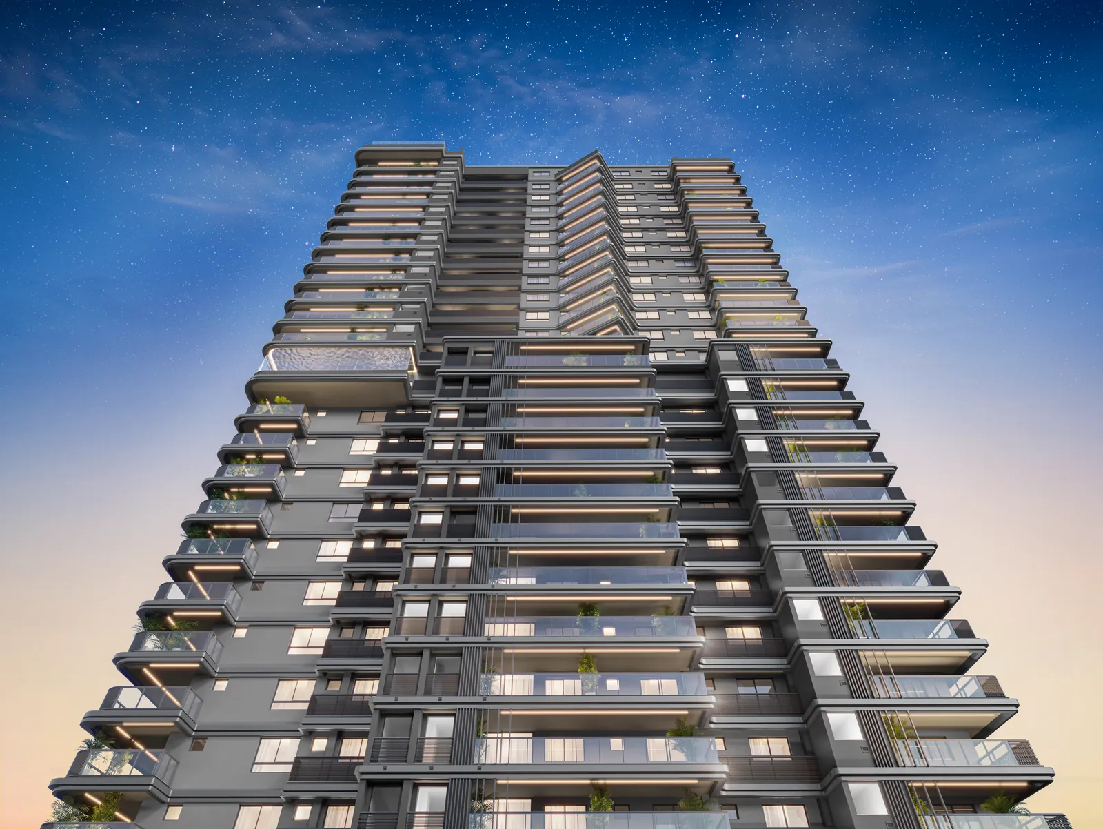 O edifício Coupé, uma torre alta de vidro e varandas, vista de baixo