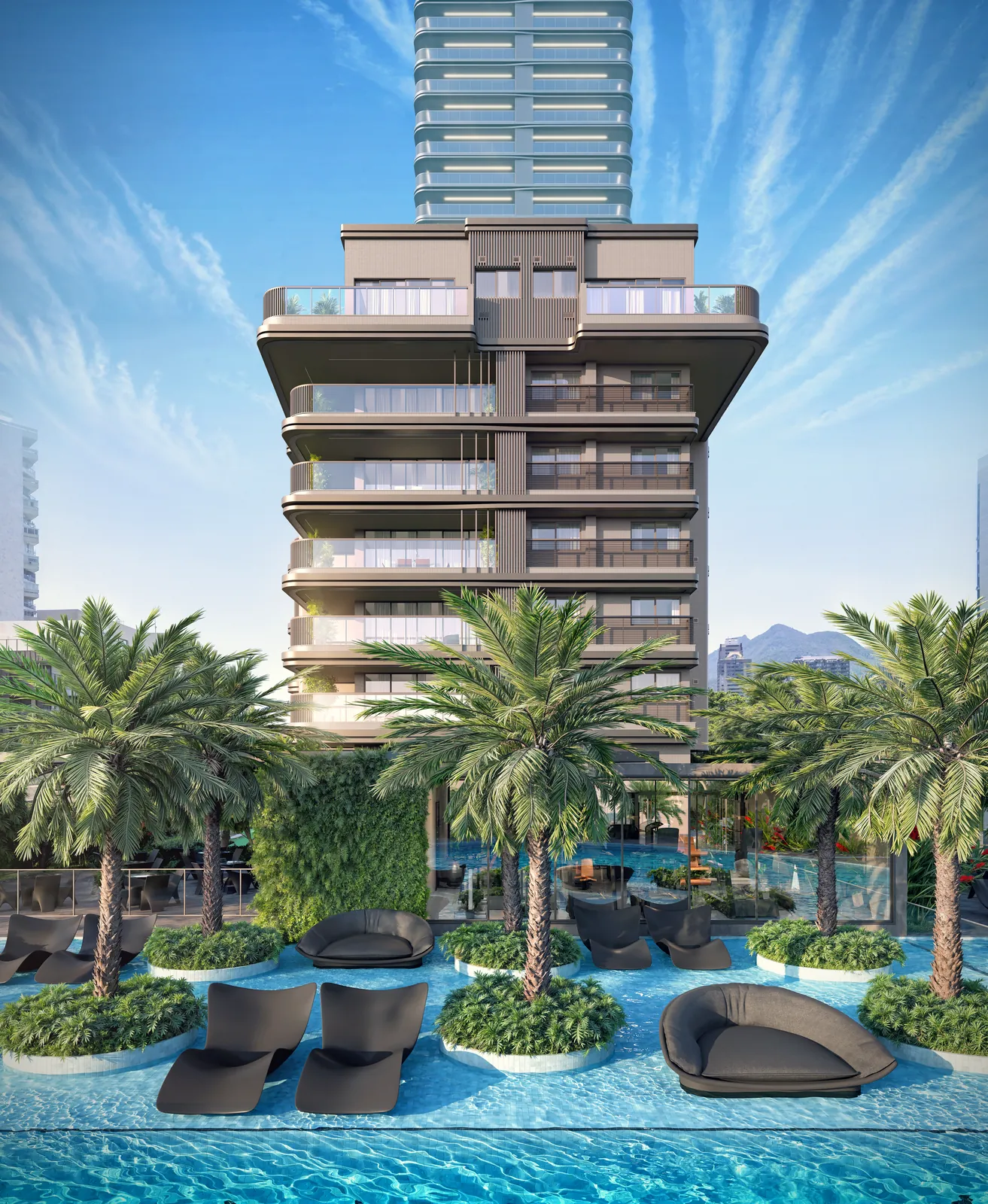 O edifício Cabriolet, de 7 andares, com a piscina e palmeiras na frente