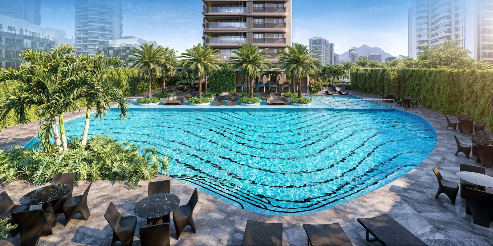 A piscina do Coupé Tower com raia e palmeiras