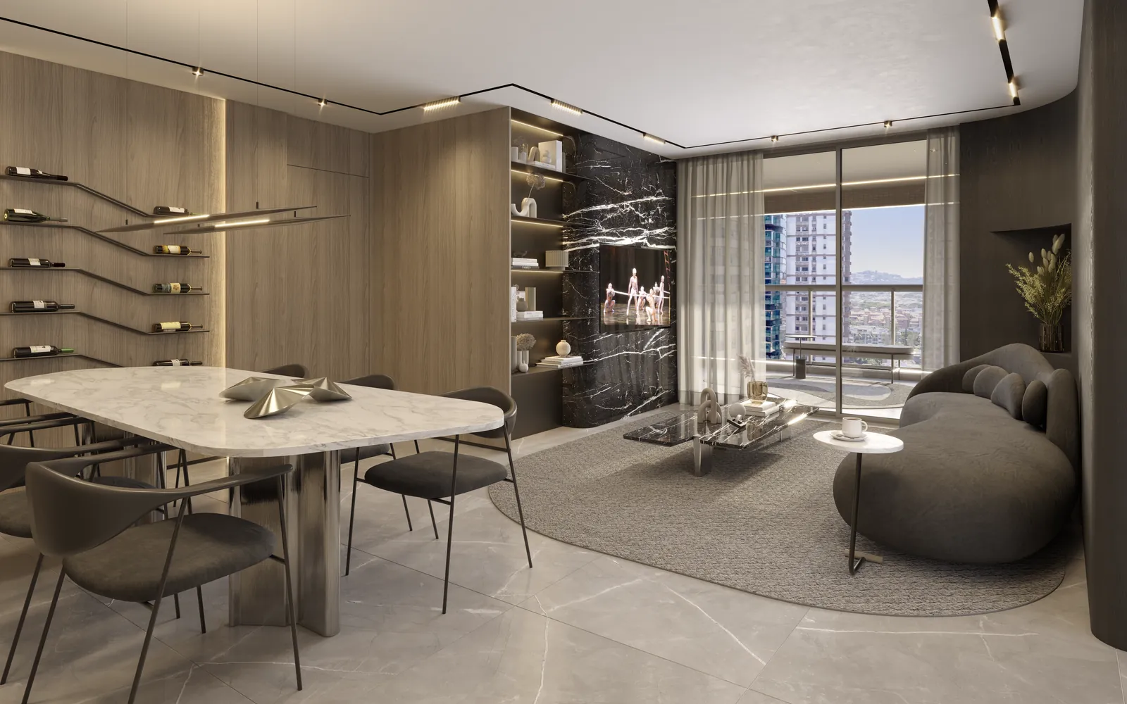 Living de um apartamento do Coupé com sofá e mesa de jantar