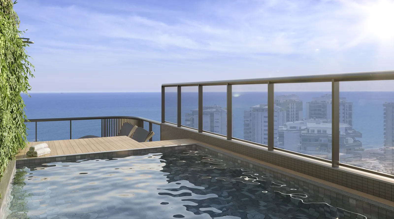 Terraço de uma cobertura do Coupé com piscina e vista para o mar