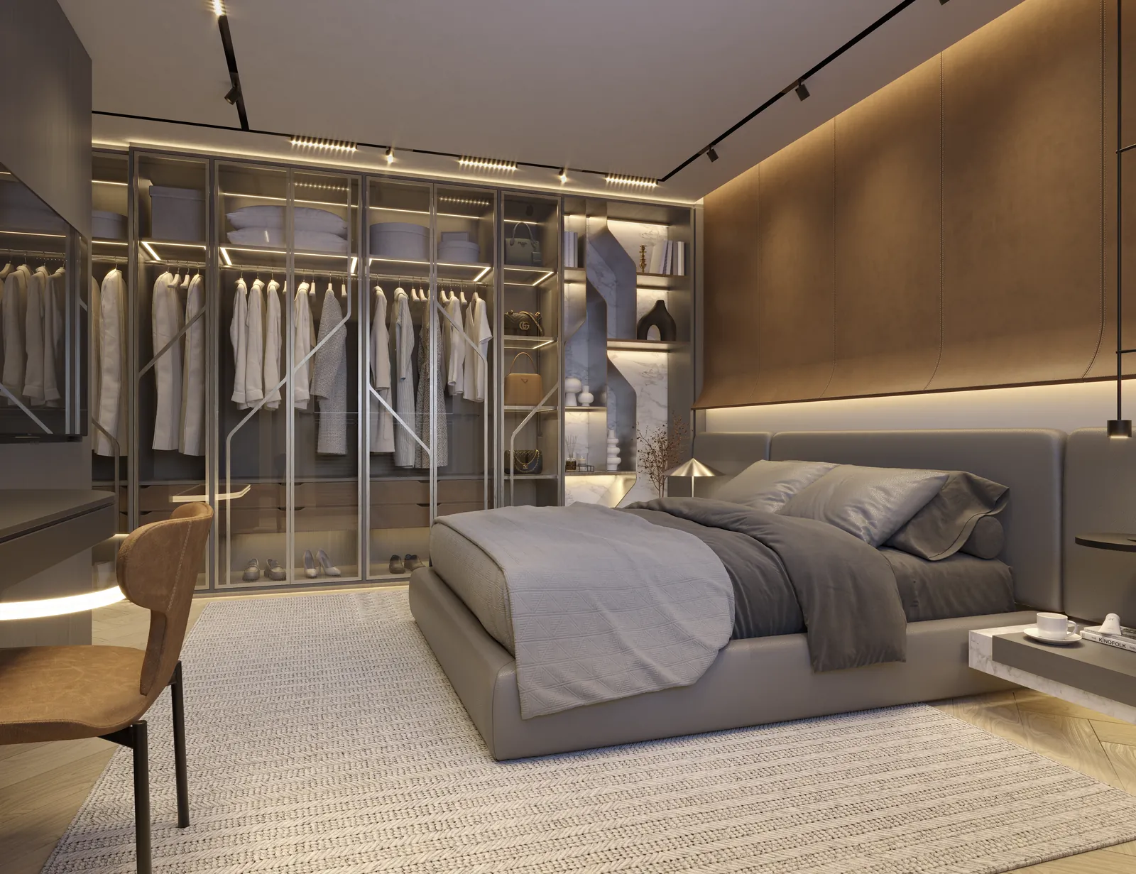 Suíte de um apartamento do Coupé com cama de casal e closet