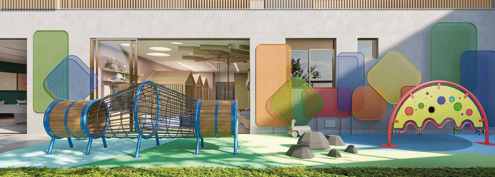 O playground do Easy, com brinquedos coloridos