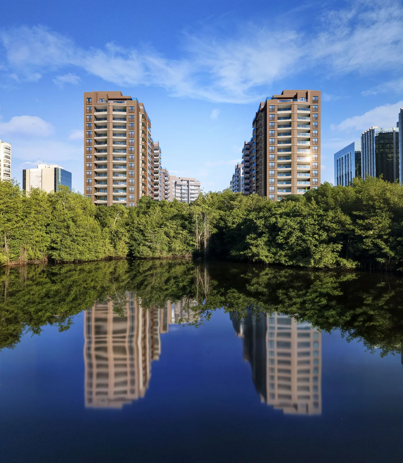 As torres do Endless refletidas na lagoa da Península