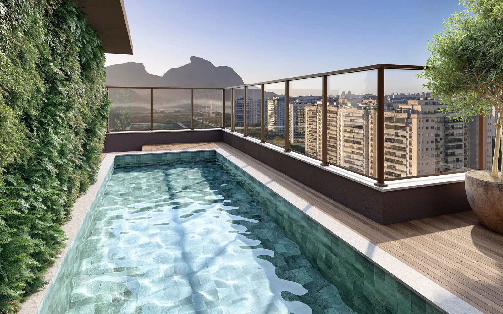 Terraço de cobertura com piscina, deck e vista para a Barra