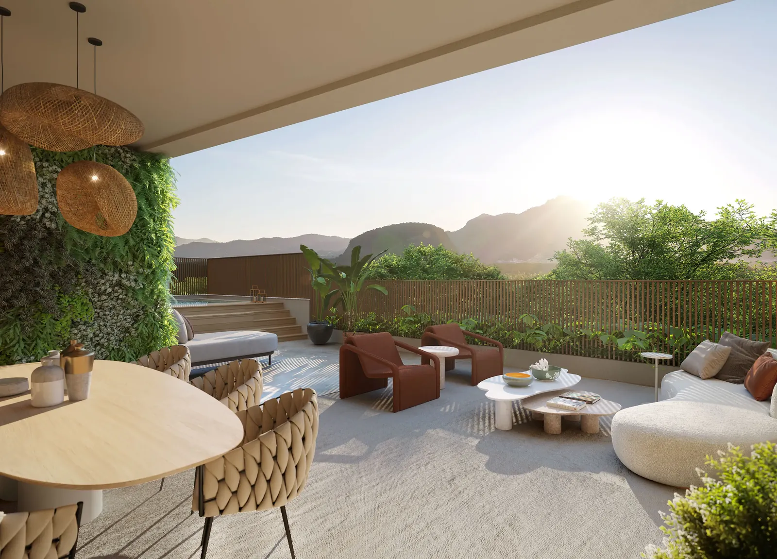 Terraço de um garden com sofás, piscina e jardim