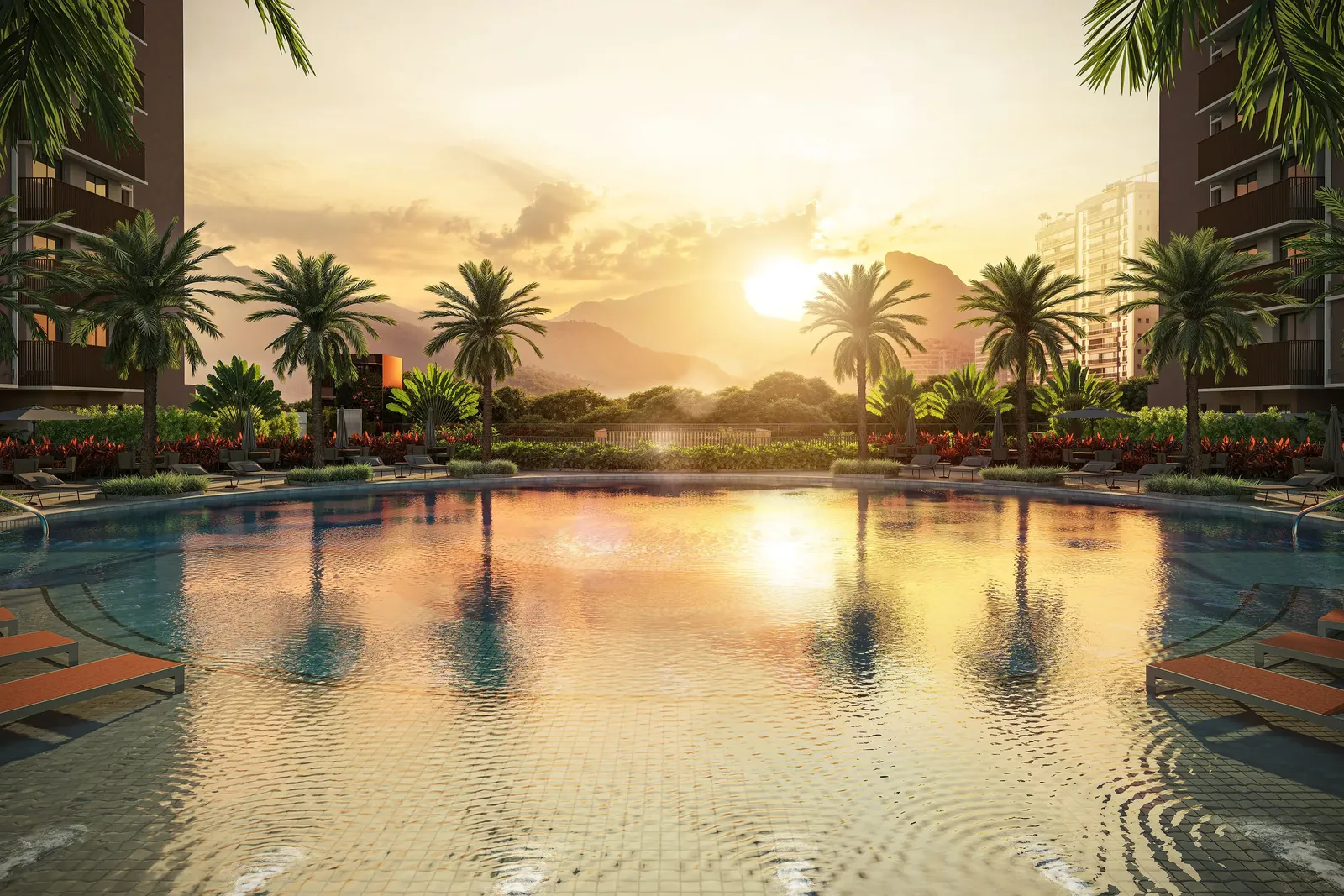 Piscina recreativa com raia de 25 metros ao pôr do sol