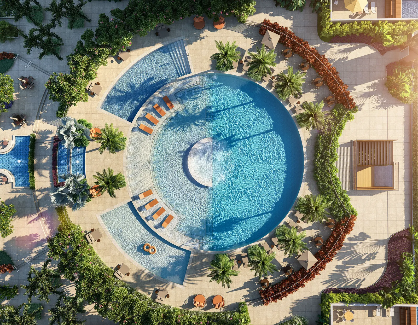 Piscinas com deck molhado e espreguiçadeiras dentro d'água