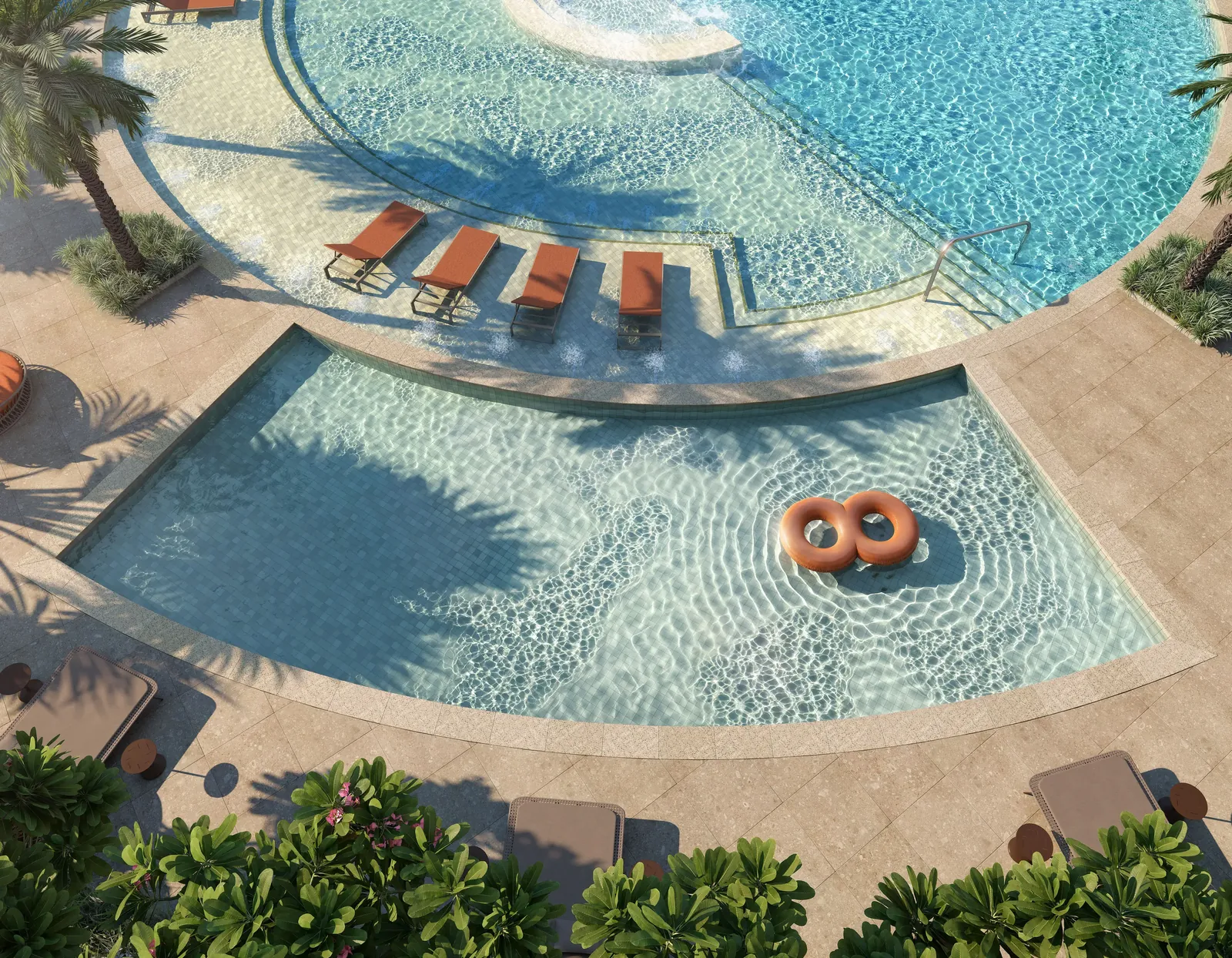 Piscina infantil com formas curvas e boias