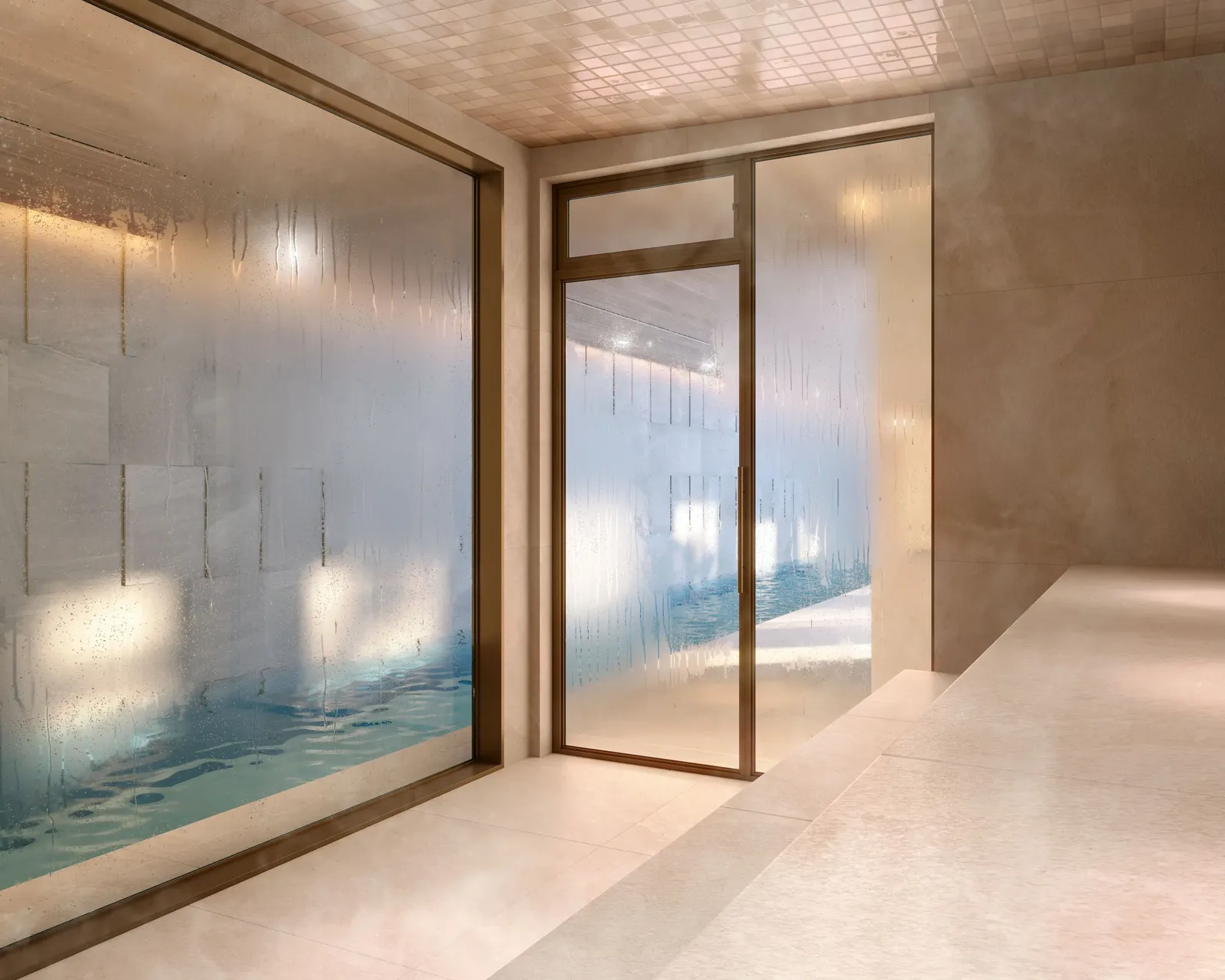 Sauna úmida com porta de vidro e iluminação suave