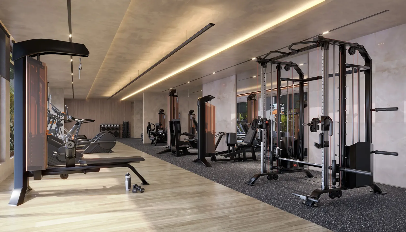 Academia com aparelhos de musculação e piso de madeira