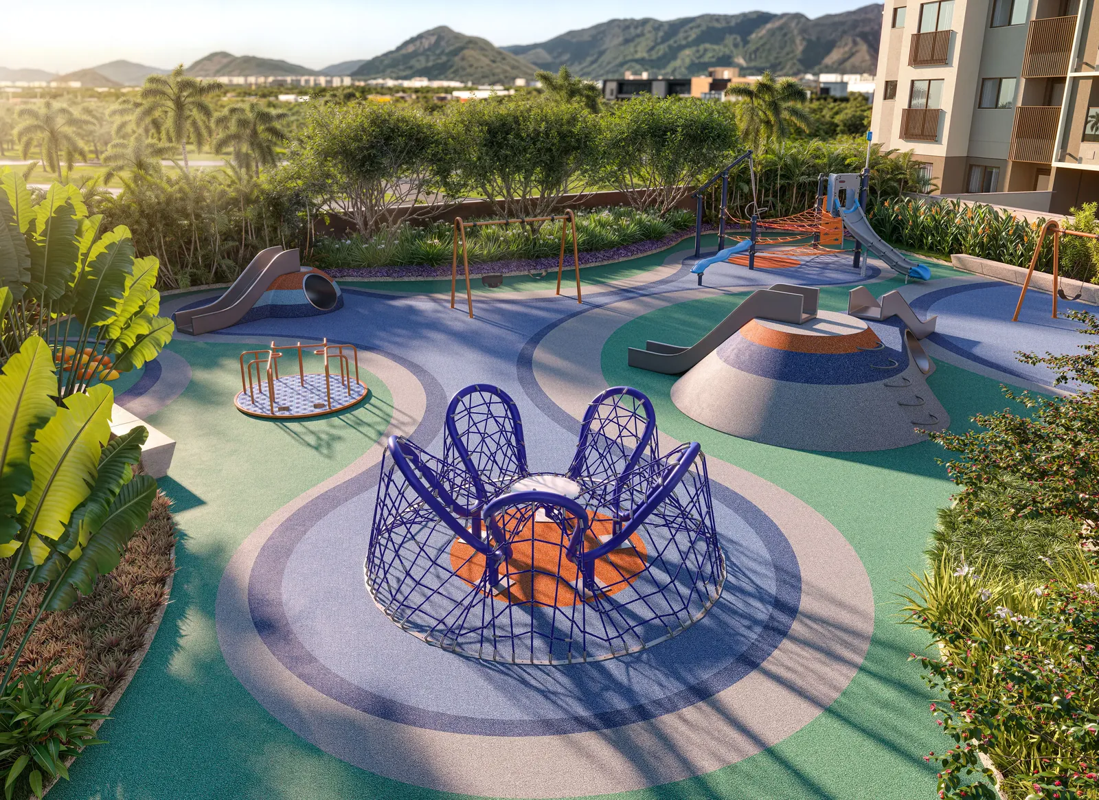 Playground com brinquedos de corda e piso colorido