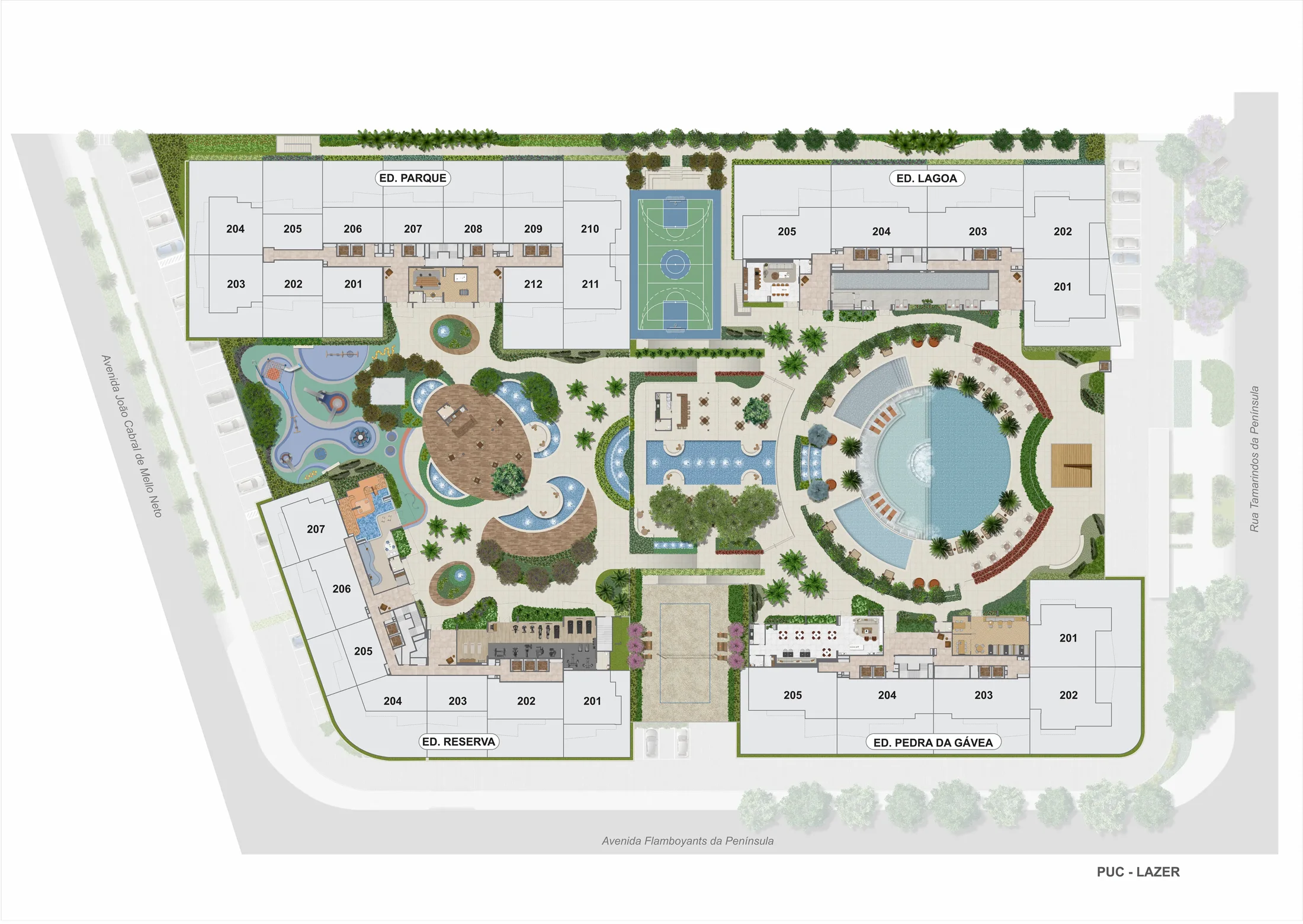 Masterplan do Endless: os quatro edifícios em volta das piscinas e jardins