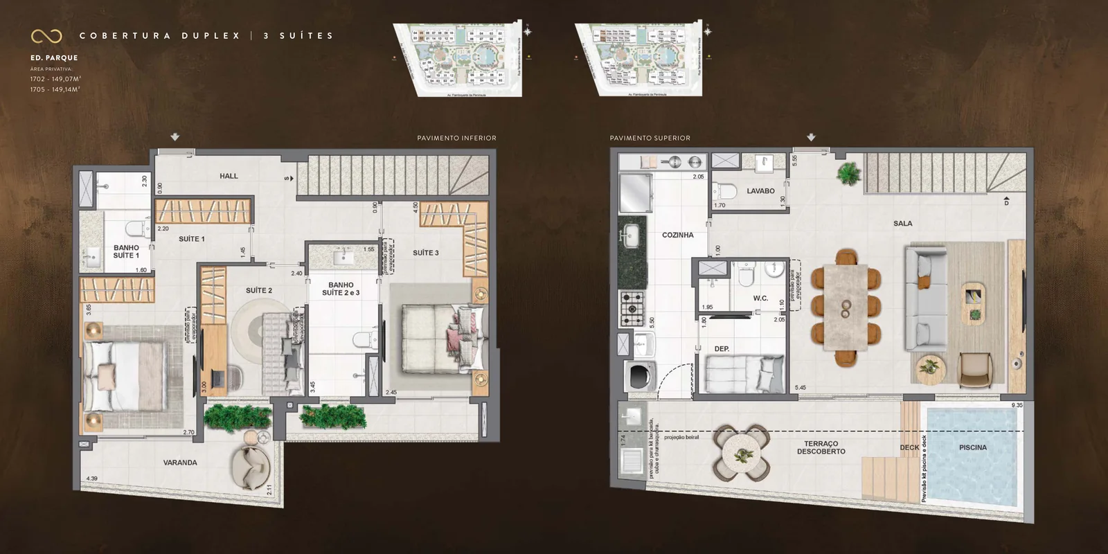 Planta humanizada: coberturas duplex de 3 suítes do Endless