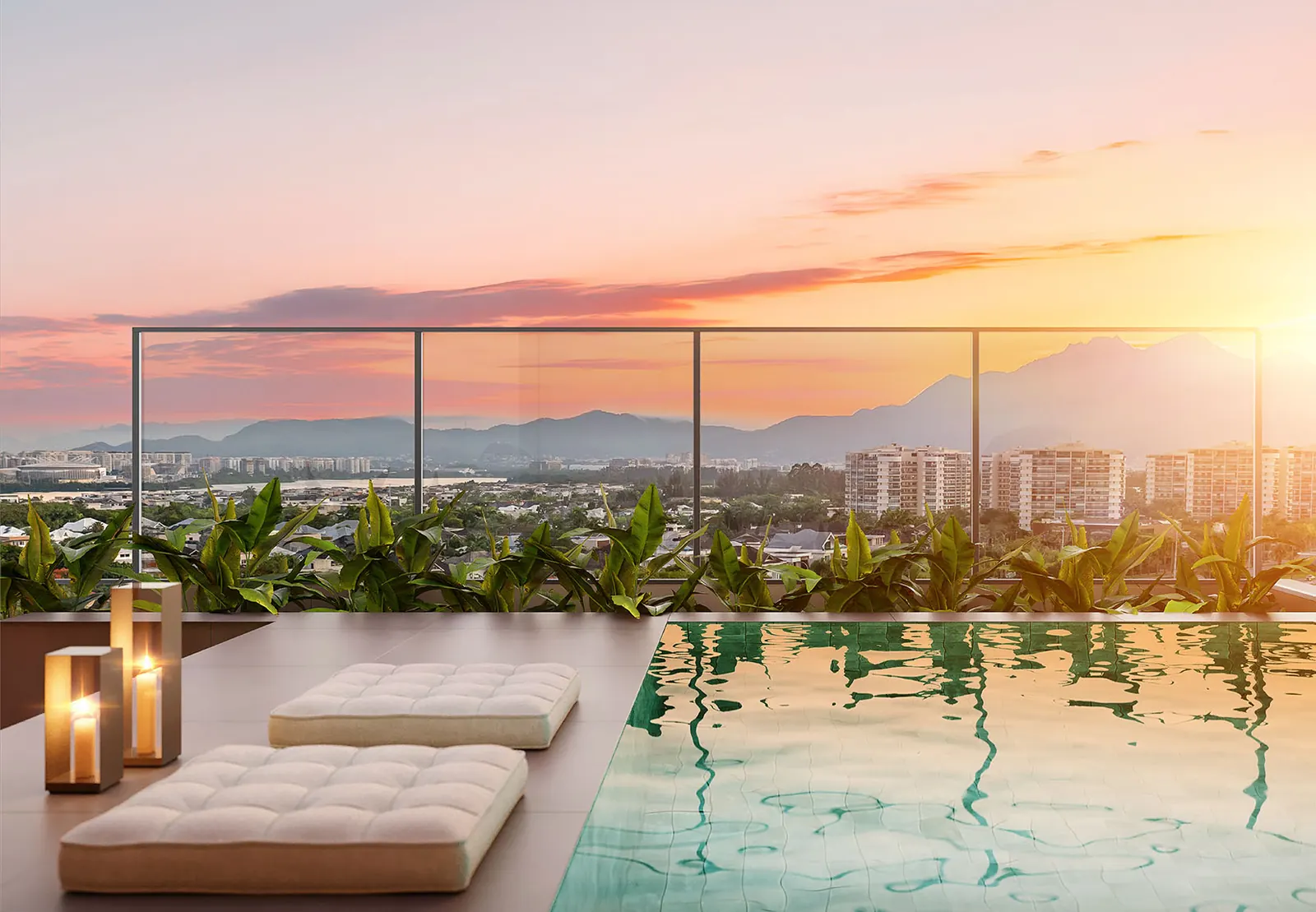Perspectiva da piscina no terraço de uma cobertura linear, ao entardecer
