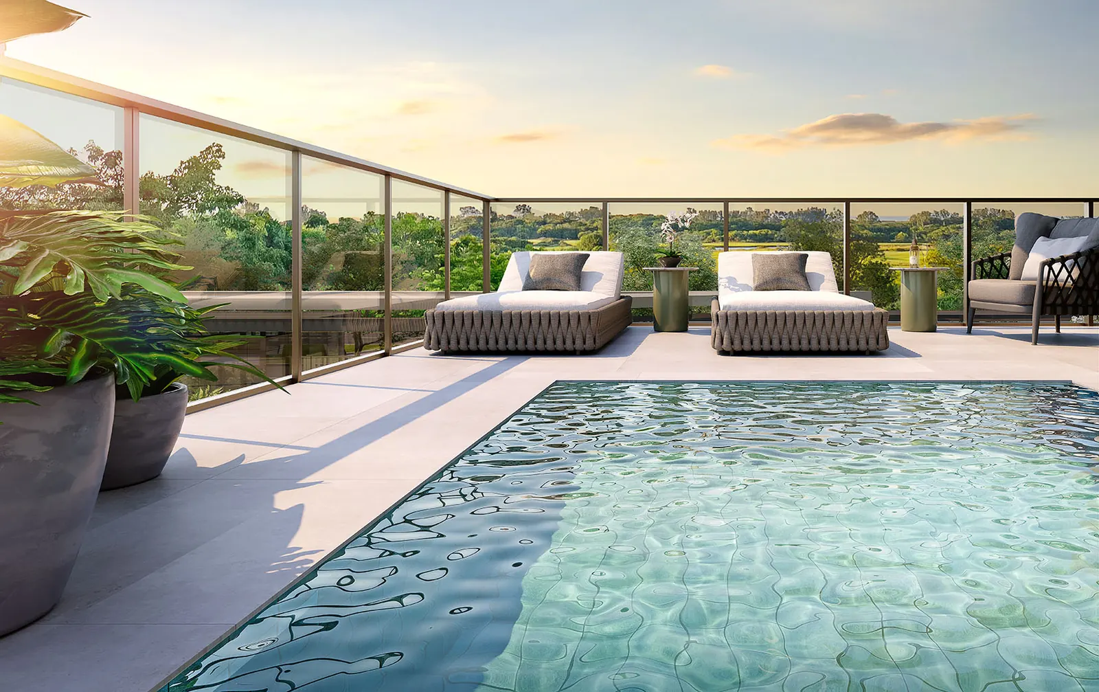 Perspectiva do terraço com piscina de uma garden house de 2 suítes