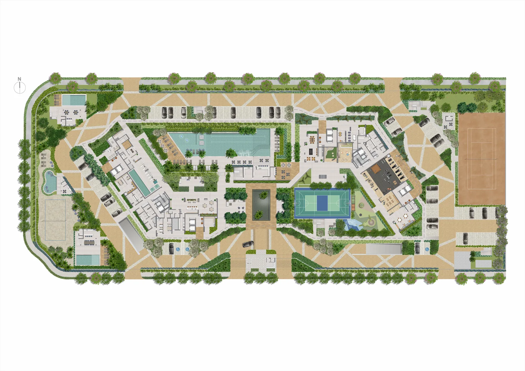 Masterplan do Epic Golf: as duas torres, as piscinas, as quadras e o Epic Beach & Play