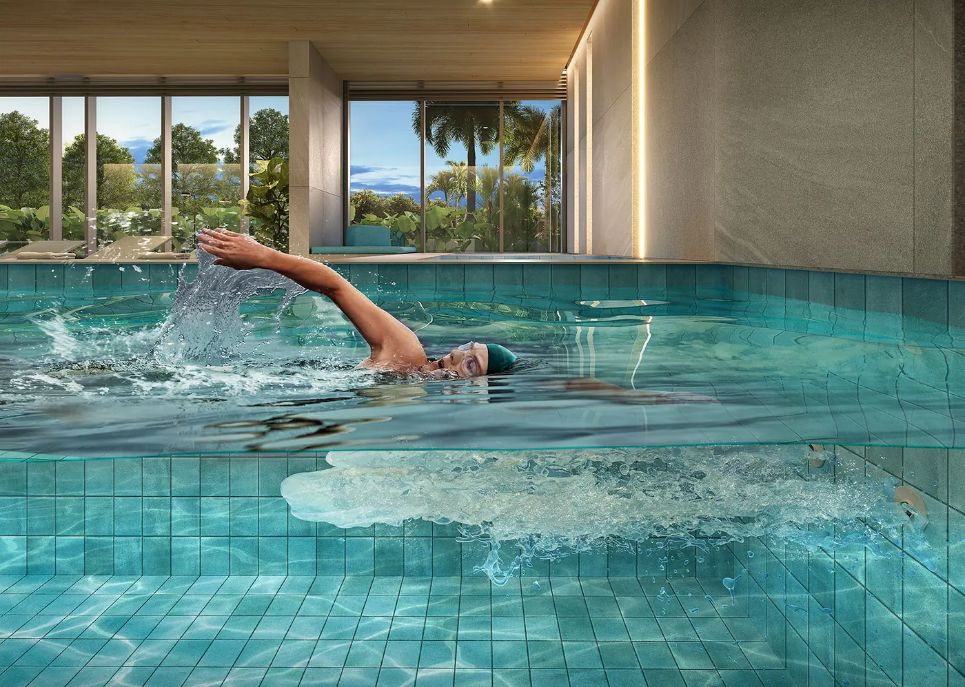 Perspectiva da piscina coberta com Jet Swim