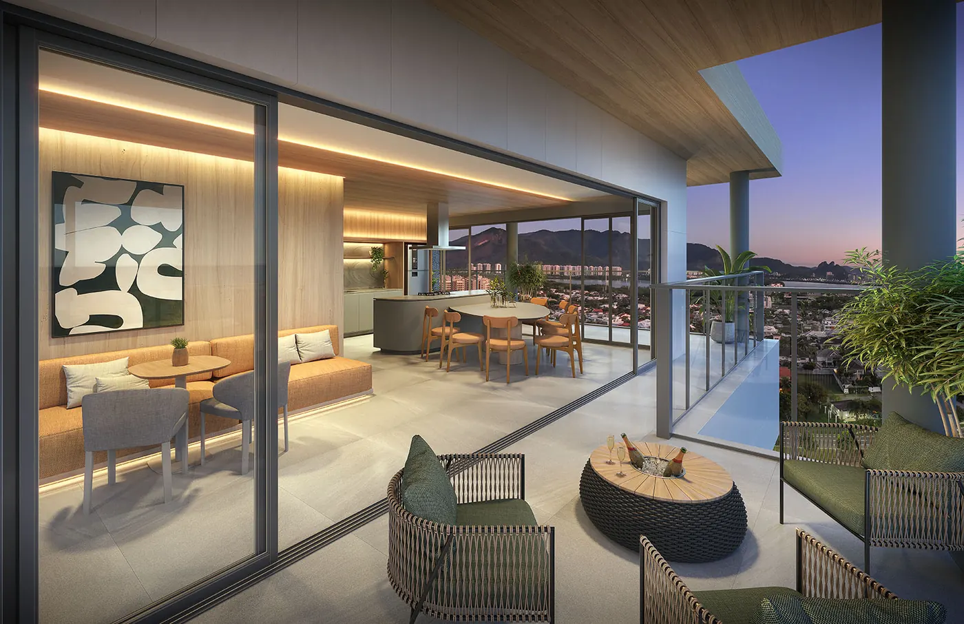 Perspectiva do espaço gourmet no rooftop, com vista para a cidade