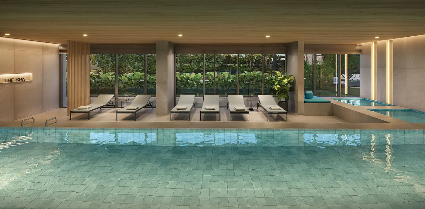 Perspectiva do spa com piscina e espreguiçadeiras