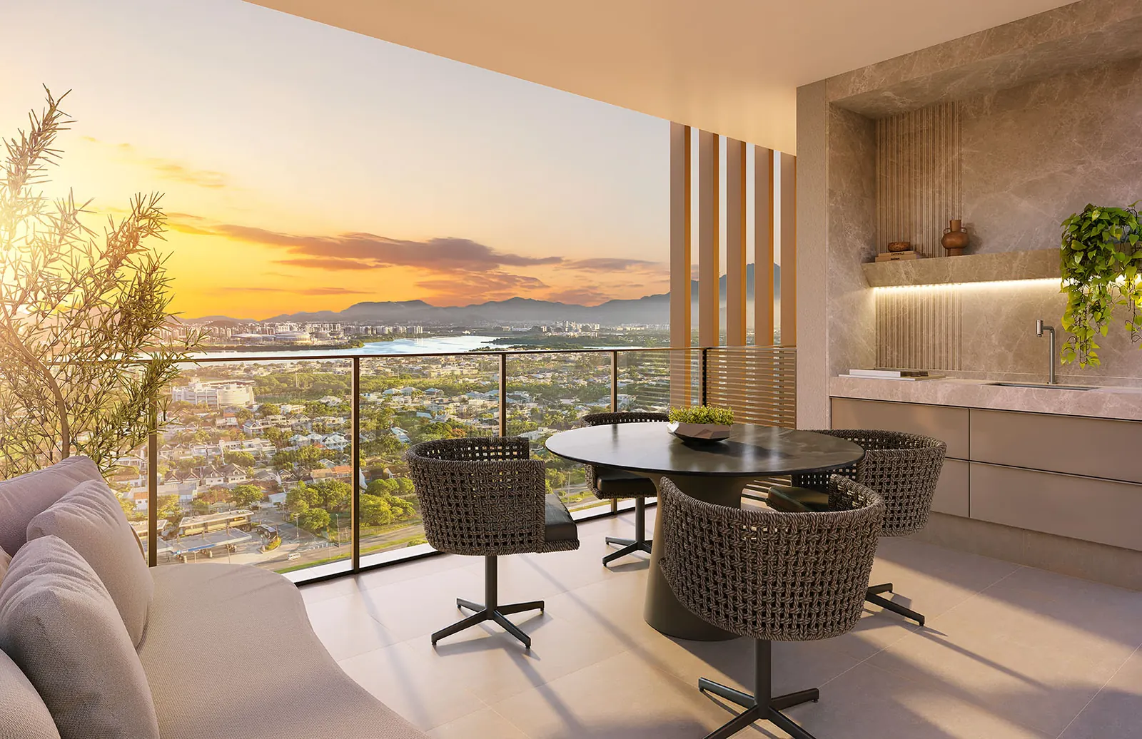 Perspectiva da varanda de um apartamento de 3 suítes, ao pôr do sol