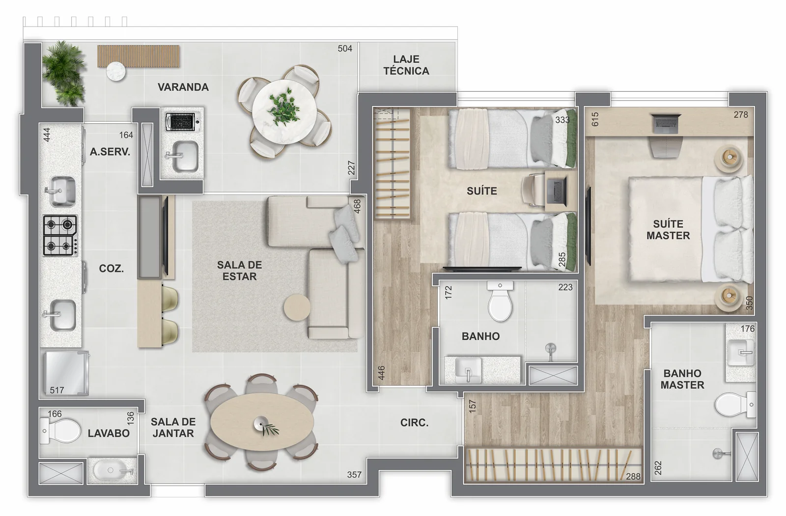 Planta: 2 suítes · 76,96 m²