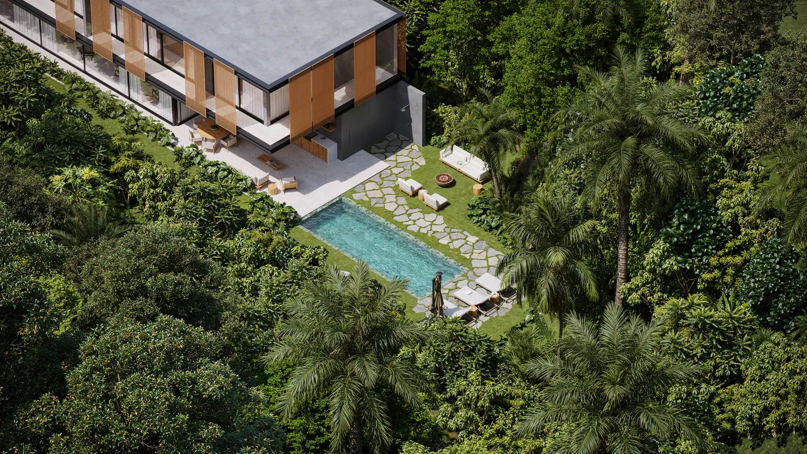 Vista aérea de uma casa com piscina comprida no meio da mata
