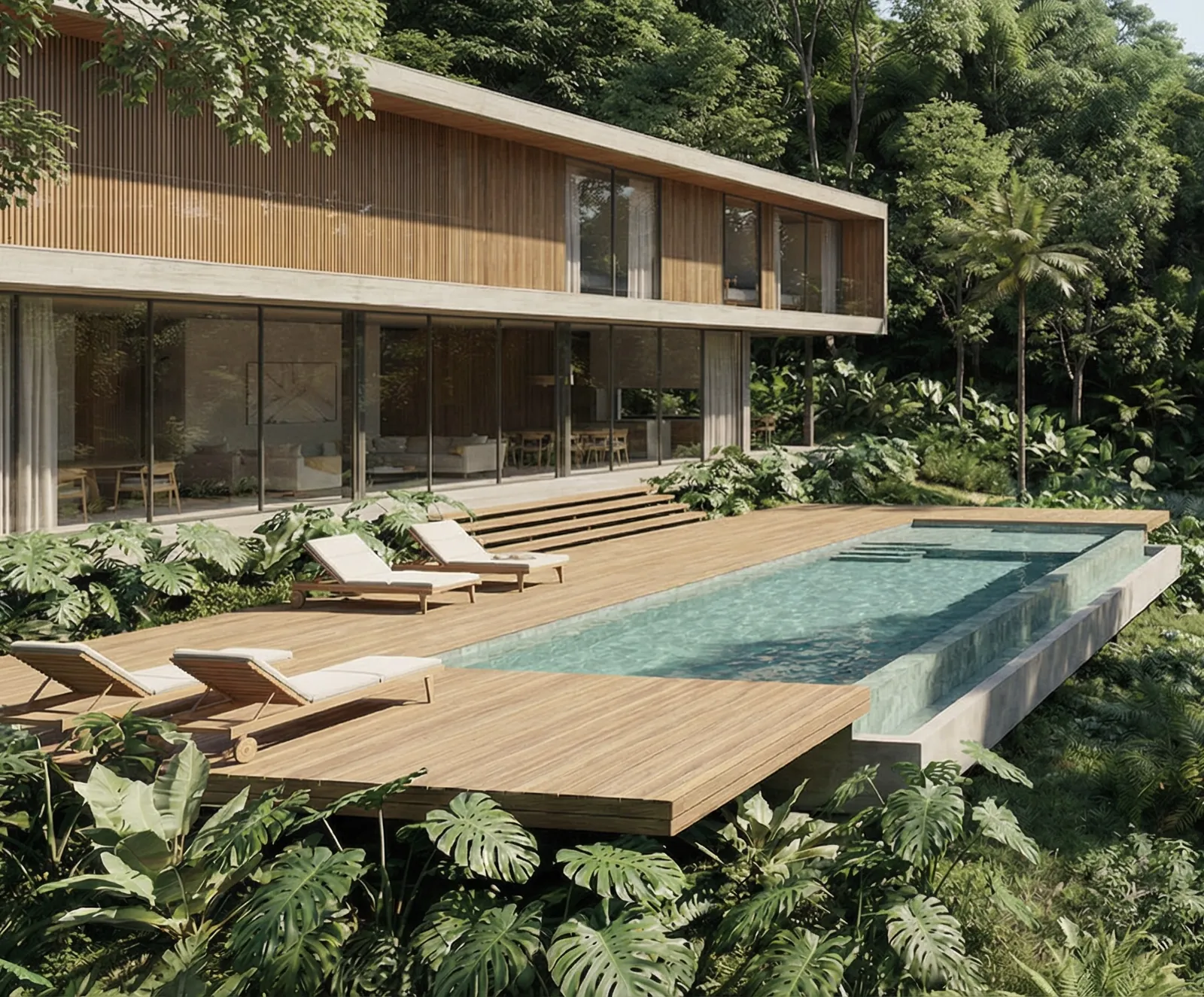 Casa de dois pavimentos com piscina e deck de madeira, cercada de mata