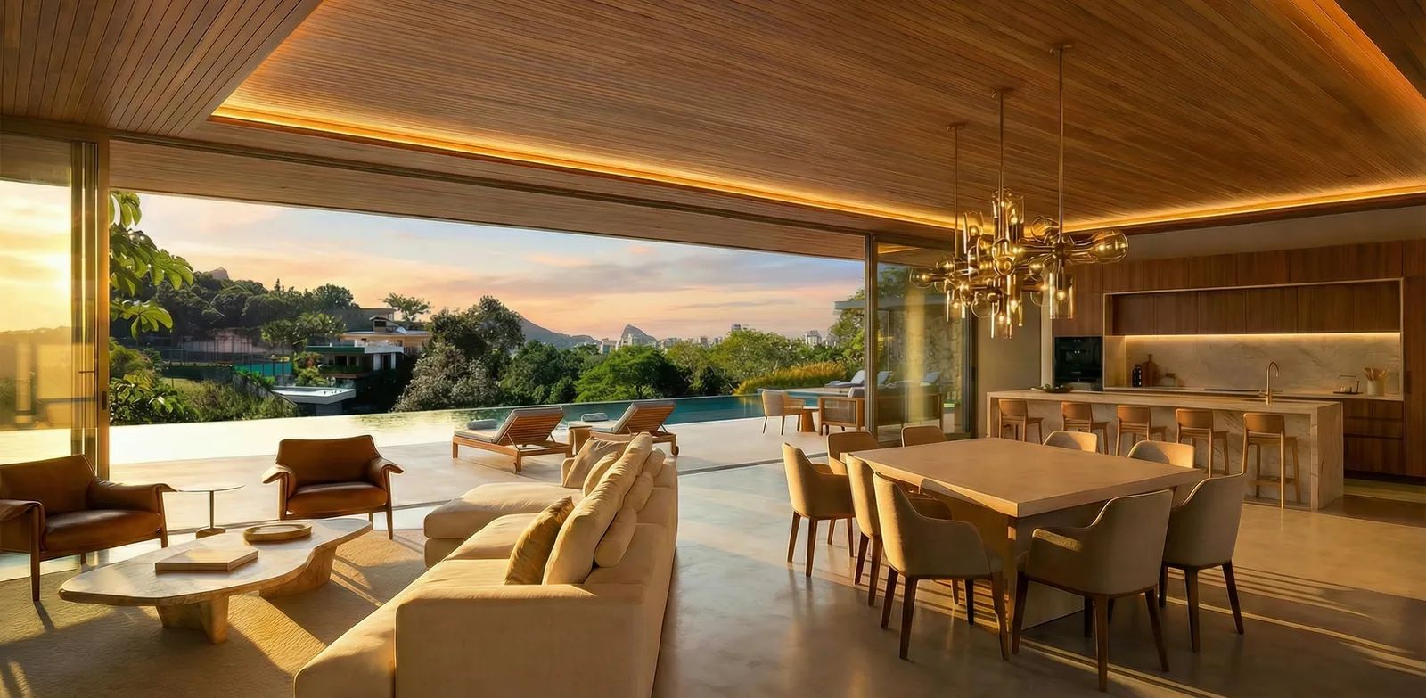 Living integrado com lustre, sofás e a mata ao pôr do sol
