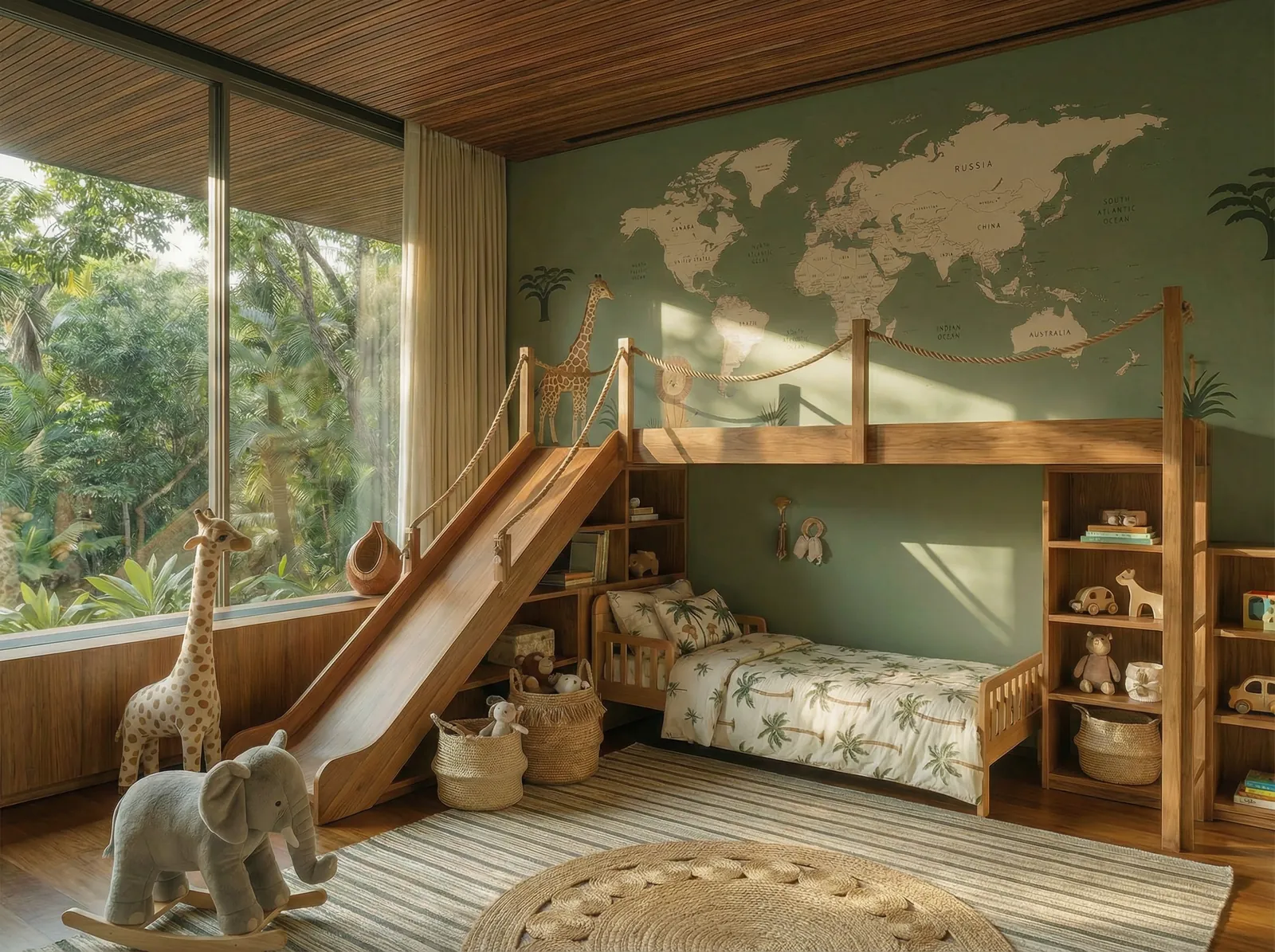 Quarto infantil com escorregador, beliche de madeira e mapa na parede