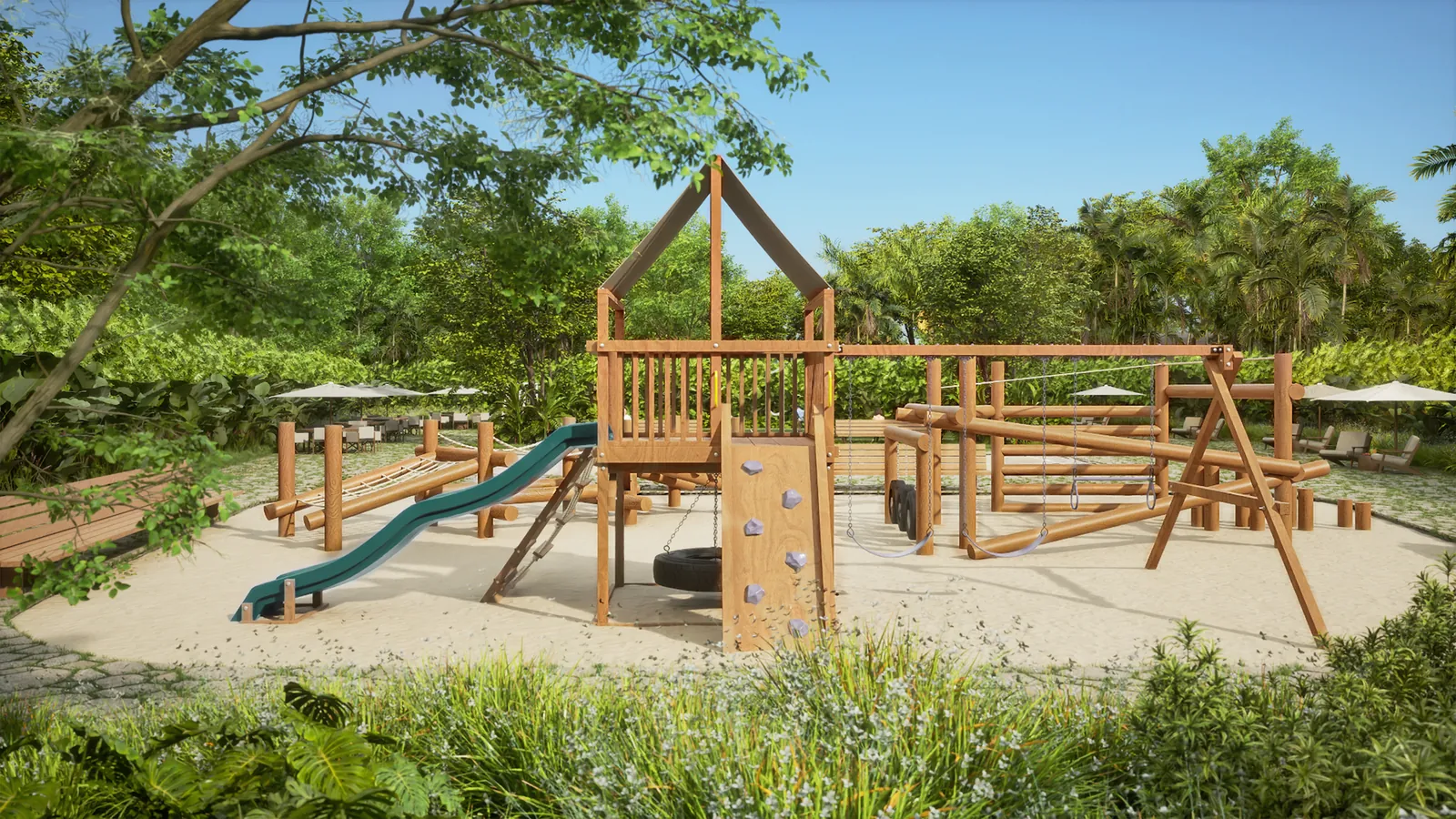 Playground de madeira com escorregador e casinha