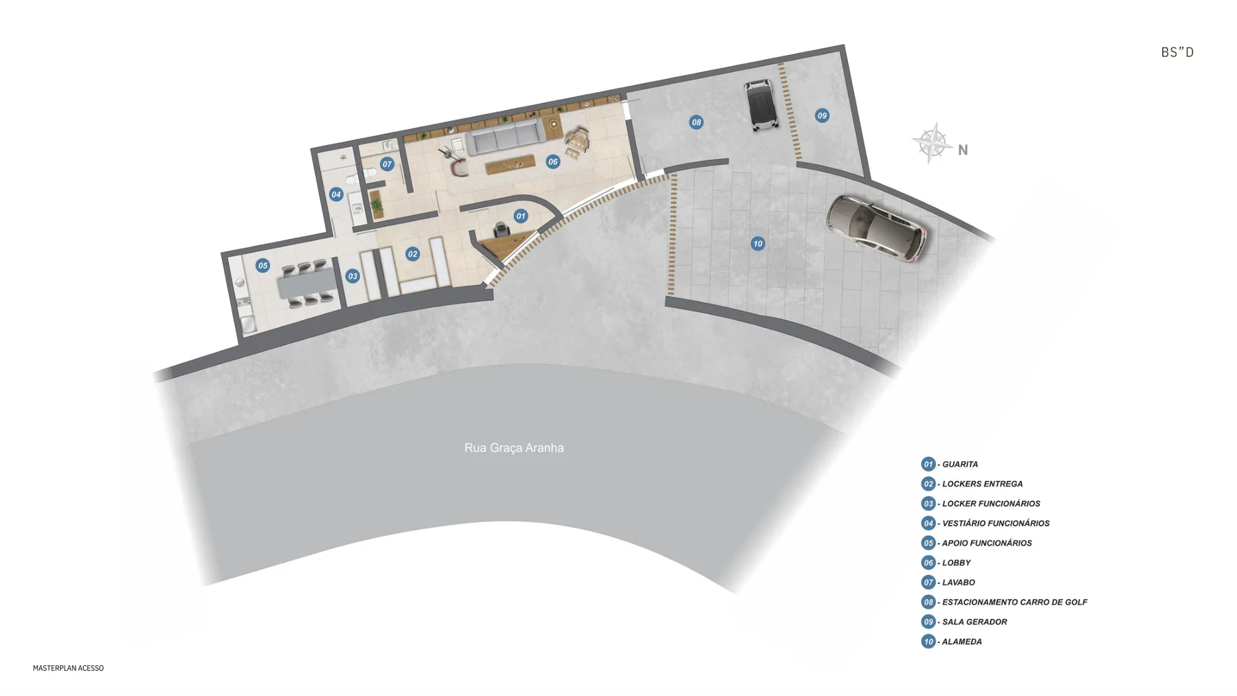 Masterplan: acesso, alameda, lobby e garagem