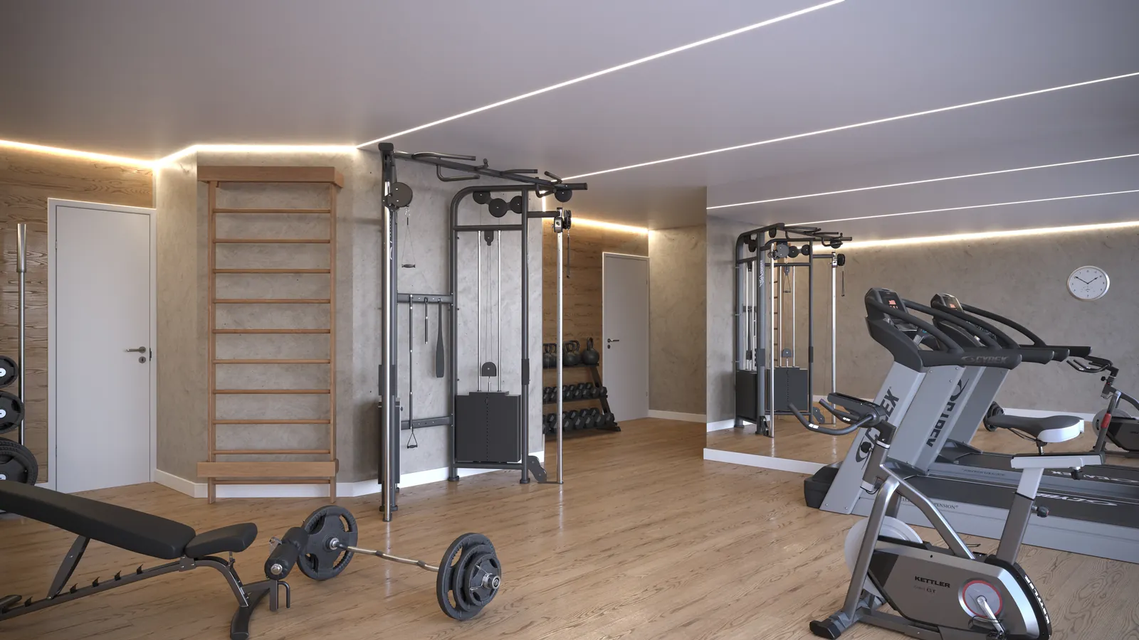 Academia com piso de madeira, esteira, bicicleta e estação de musculação