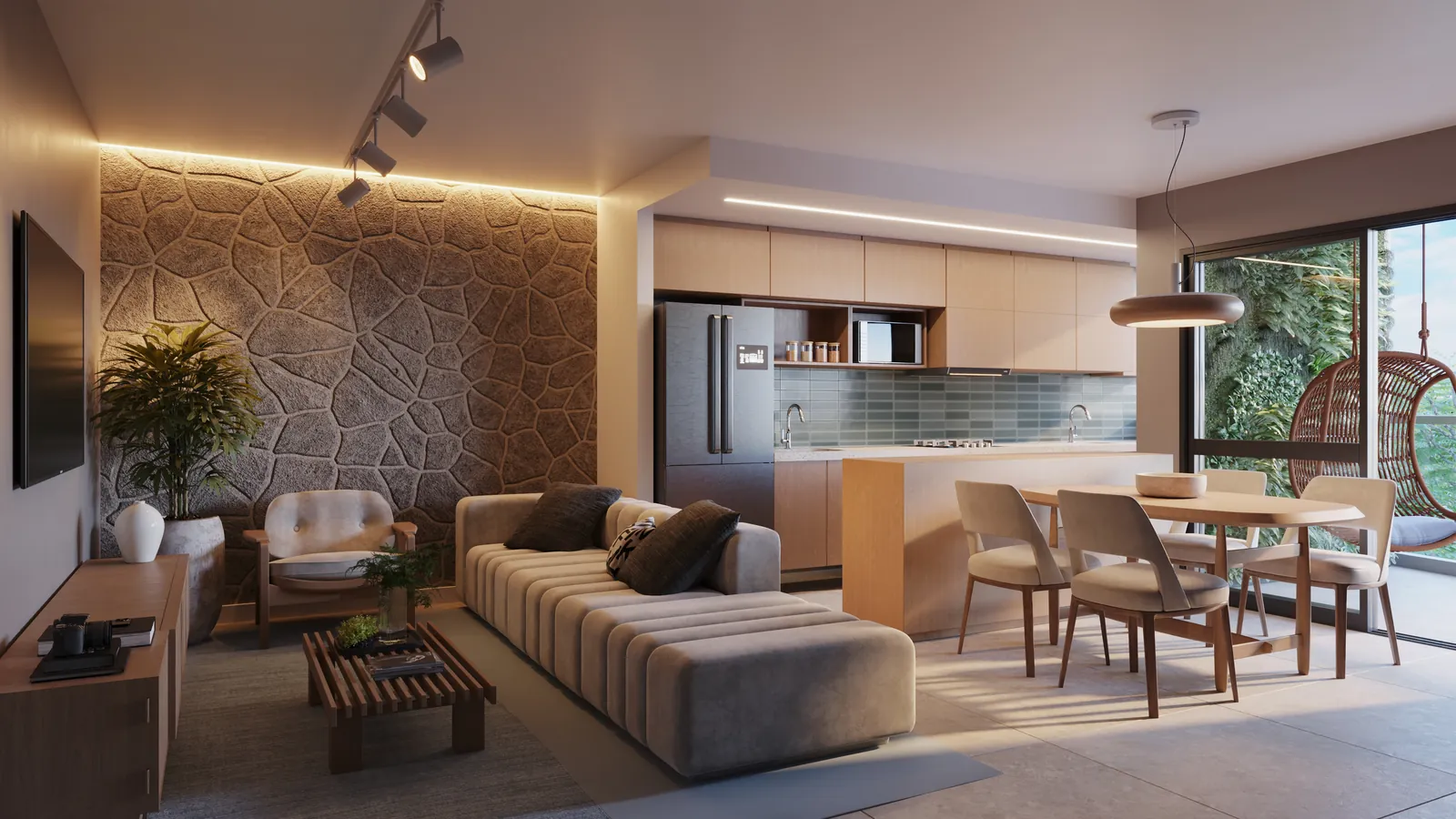 Sala decorada com sofá, mesa de jantar e cozinha integrada, aberta para a varanda