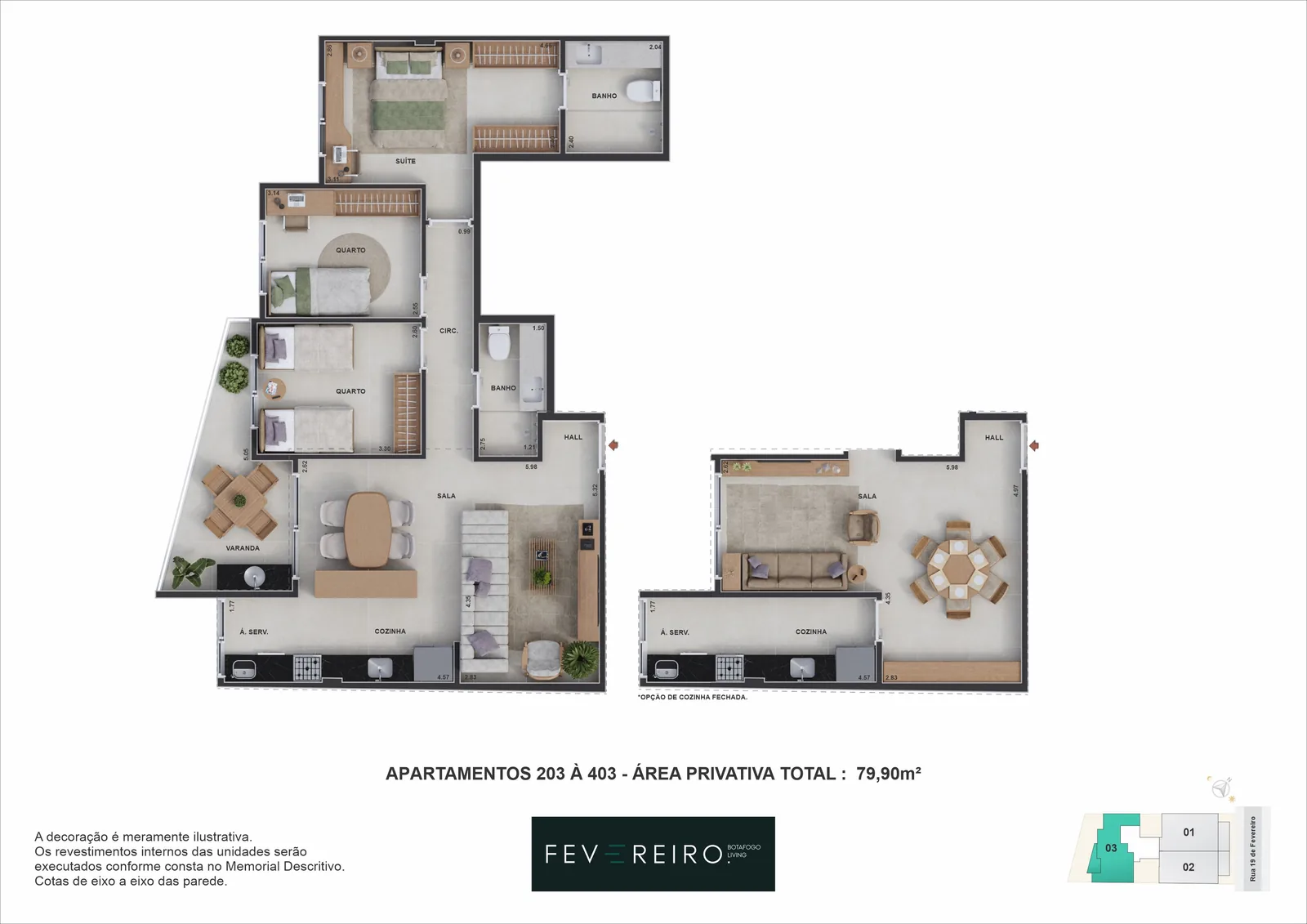Planta humanizada: 3 quartos 203 a 403 · 79,90 m²