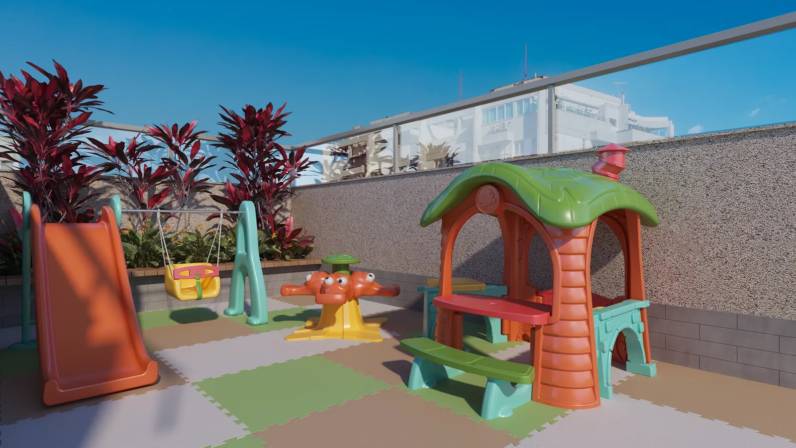 Playground com casinha, escorregador e gangorra num terraço