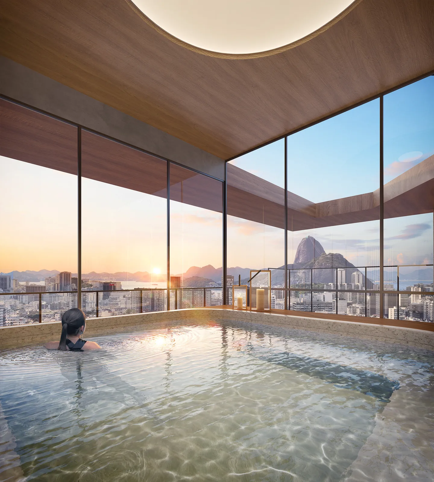 A hidro do spa do First, envidraçada, com o Pão de Açúcar ao fundo