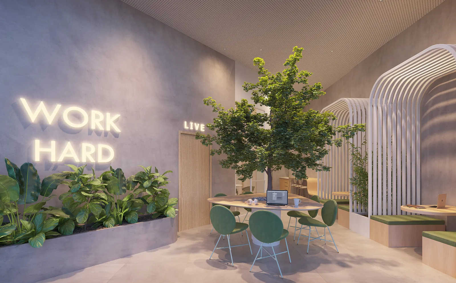 O coworking do First, com mesas e plantas